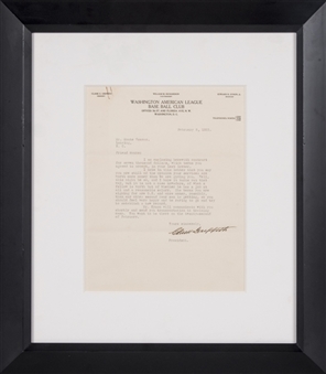 1933 Clark Griffith Signed Document to Monte Weaver On Washington American League Baseball Club Letterhead In 16.5 x 18.5 Frame (Beckett) 